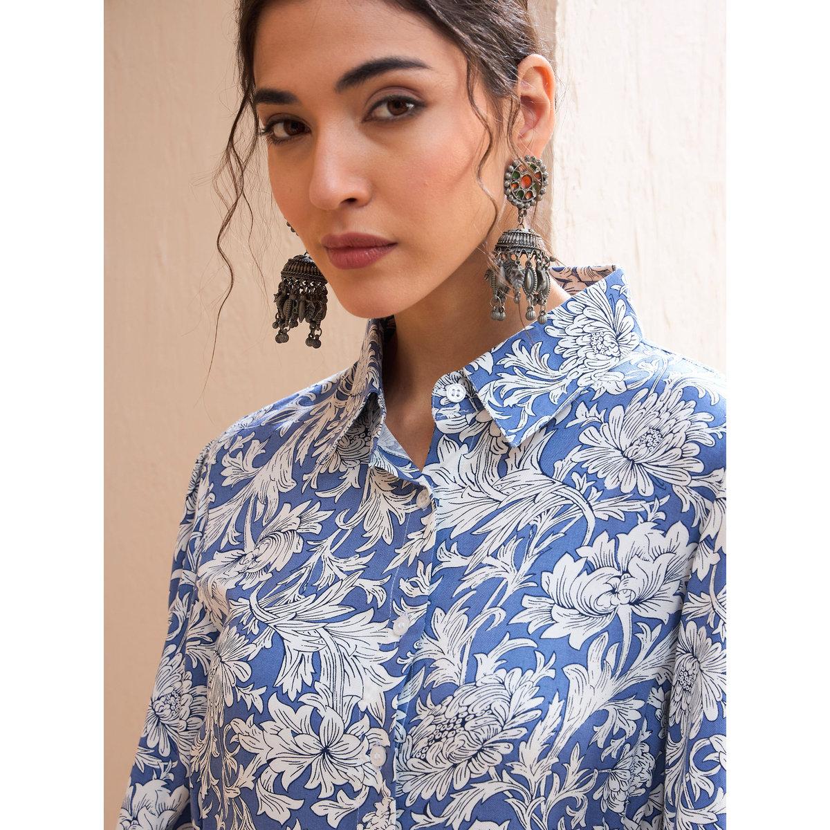 Sassafras Blue Floral Buttonned Collar Neck Kurti-women-clothing-ethnicwear-kurtas-image-4