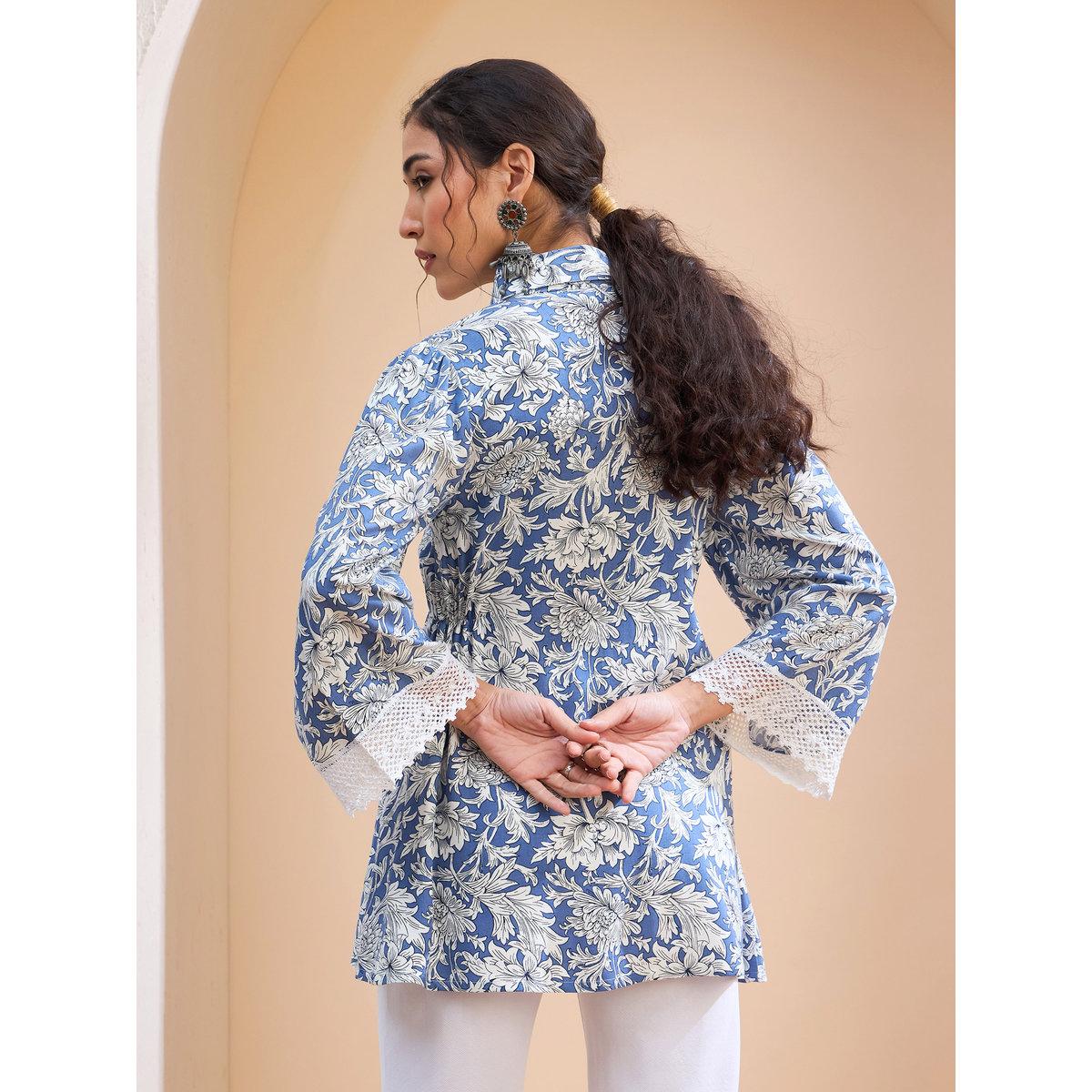 Sassafras Blue Floral Buttonned Collar Neck Kurti-women-clothing-ethnicwear-kurtas-image-5