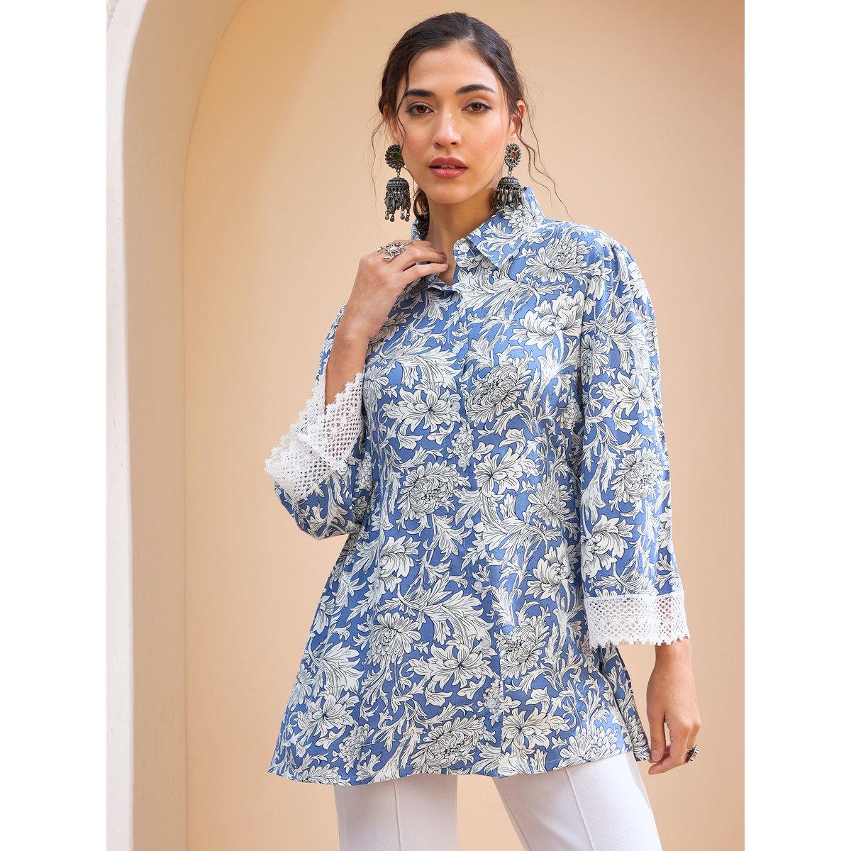 Sassafras Blue Floral Buttonned Collar Neck Kurti-women-clothing-ethnicwear-kurtas-image-6