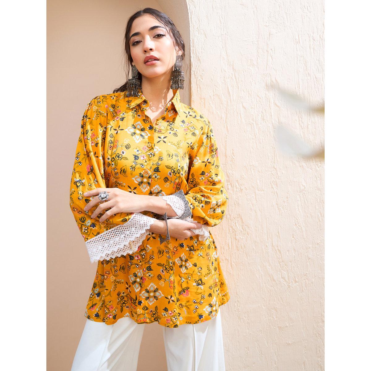Sassafras Mustard Floral Buttoned Collar Neck Kurti-women-clothing-ethnicwear-kurtas-image-1