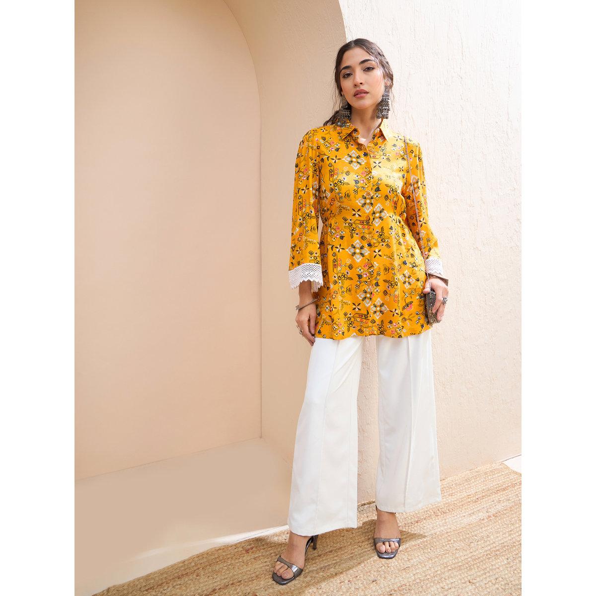 Sassafras Mustard Floral Buttoned Collar Neck Kurti-women-clothing-ethnicwear-kurtas-image-2