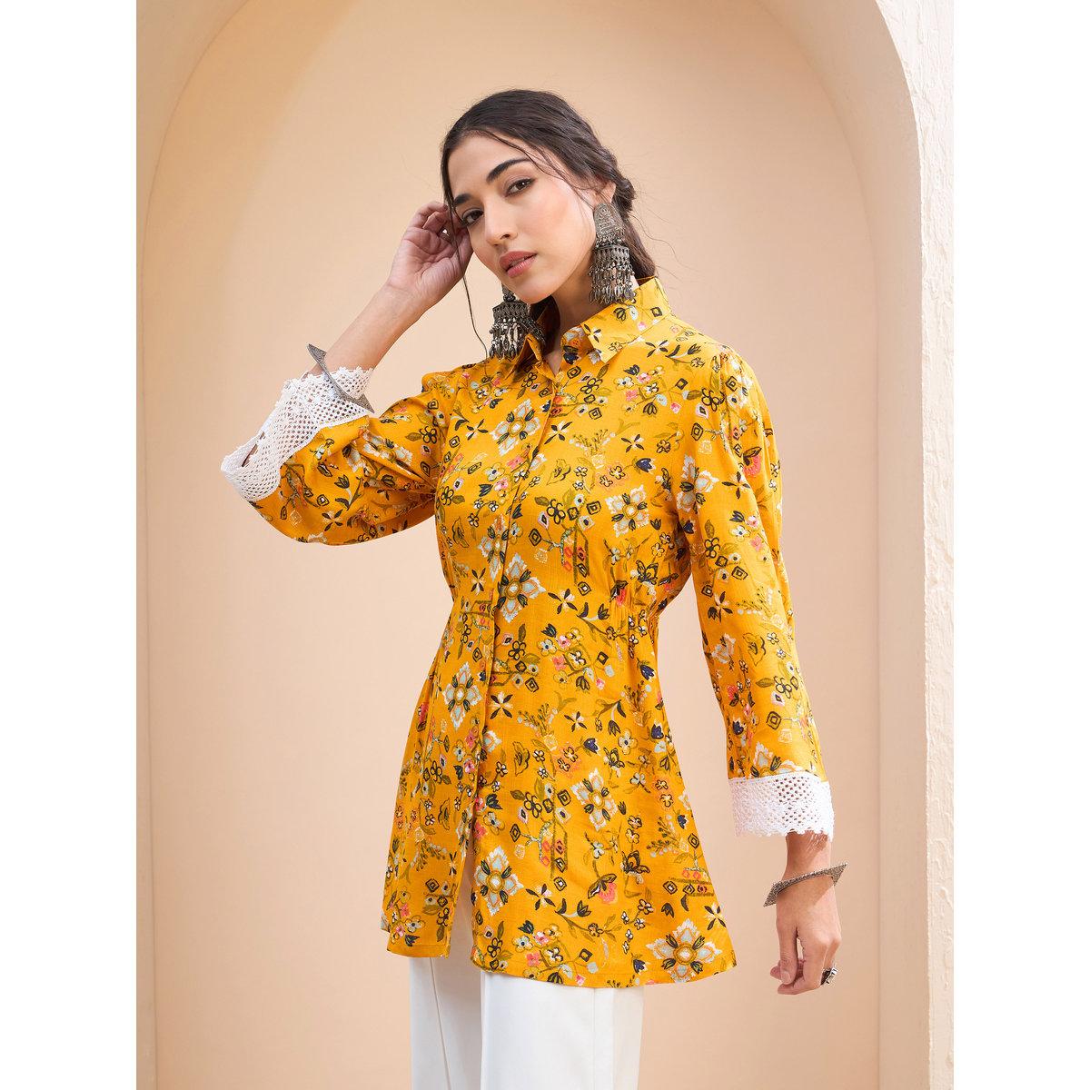 Sassafras Mustard Floral Buttoned Collar Neck Kurti-women-clothing-ethnicwear-kurtas-image-3