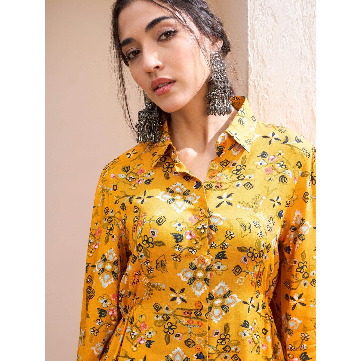Sassafras Mustard Floral Buttoned Collar Neck Kurti-women-clothing-ethnicwear-kurtas-image-4