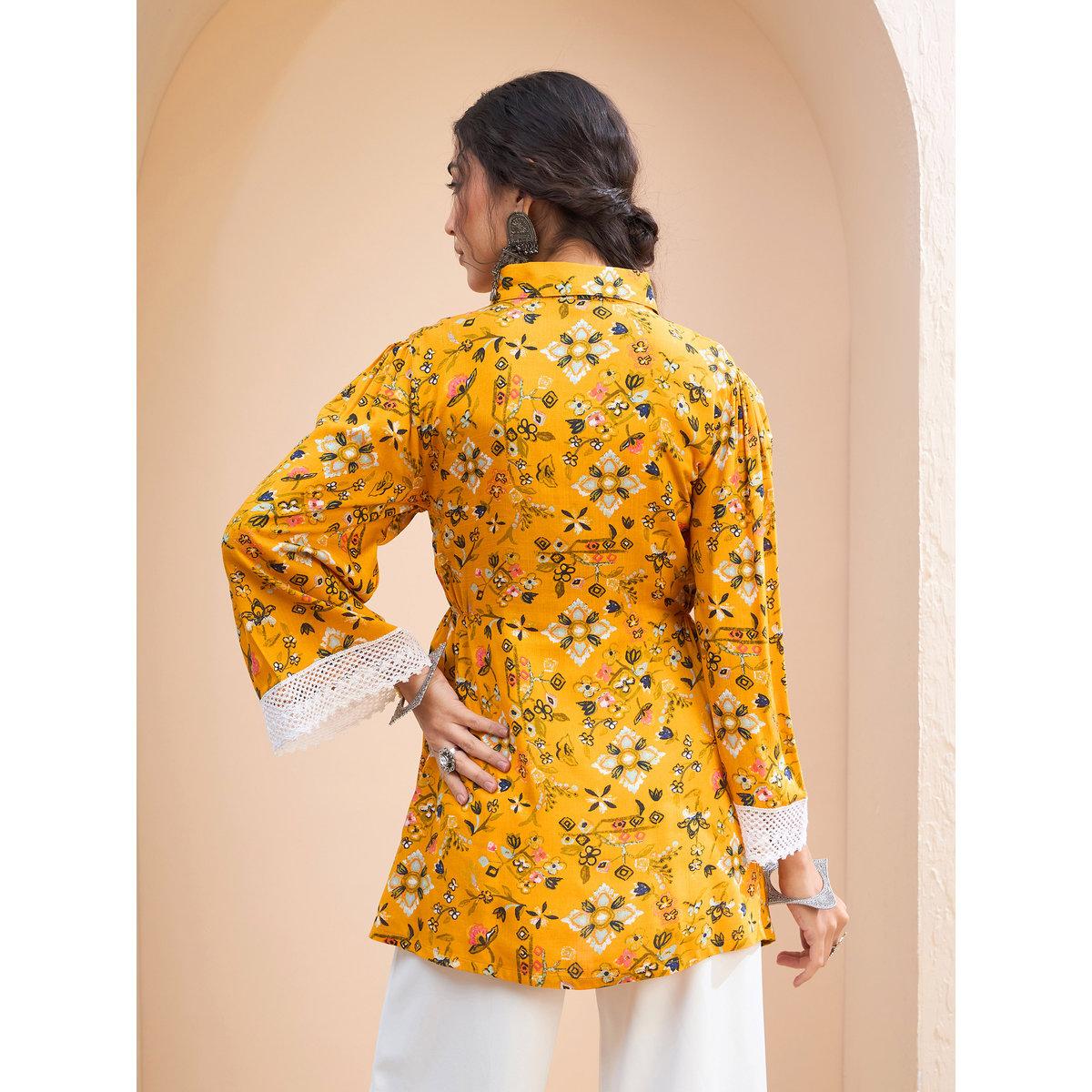 Sassafras Mustard Floral Buttoned Collar Neck Kurti-women-clothing-ethnicwear-kurtas-image-5