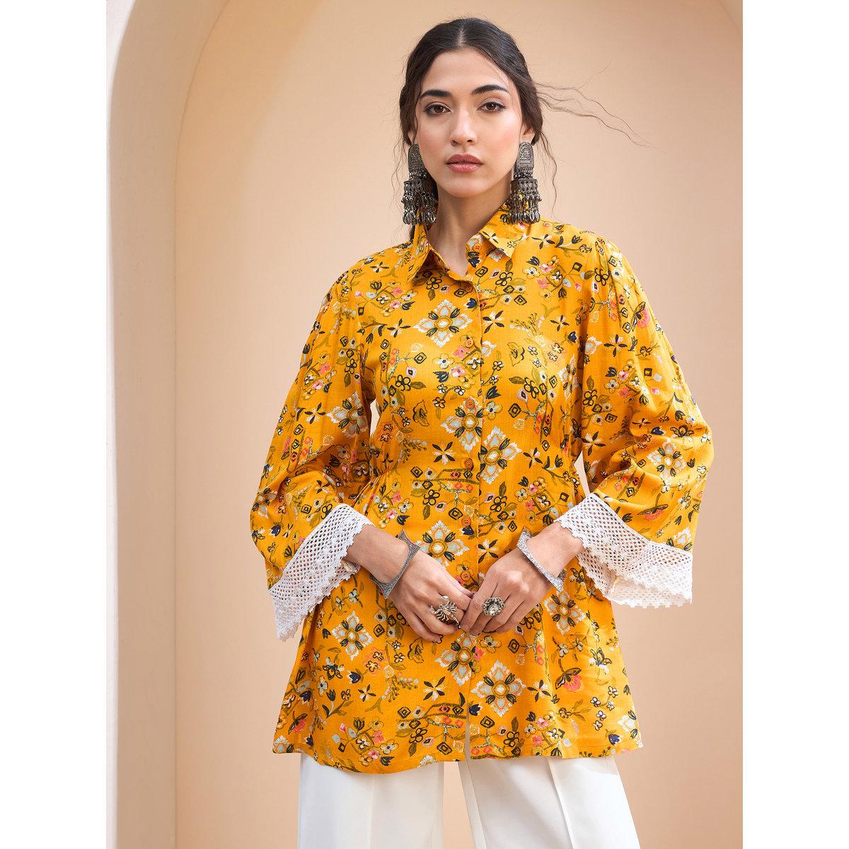 Sassafras Mustard Floral Buttoned Collar Neck Kurti-women-clothing-ethnicwear-kurtas-image-6