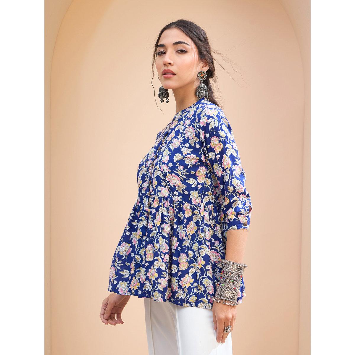 Sassafras Blue Floral Buttoned Gathered Kurti-women-clothing-ethnicwear-kurtas-image-3