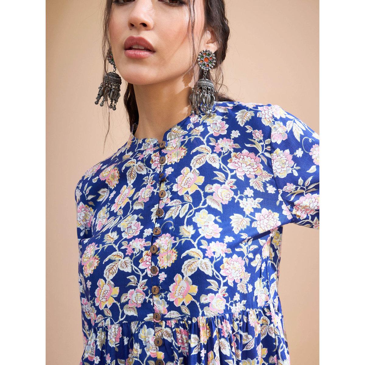 Sassafras Blue Floral Buttoned Gathered Kurti-women-clothing-ethnicwear-kurtas-image-4