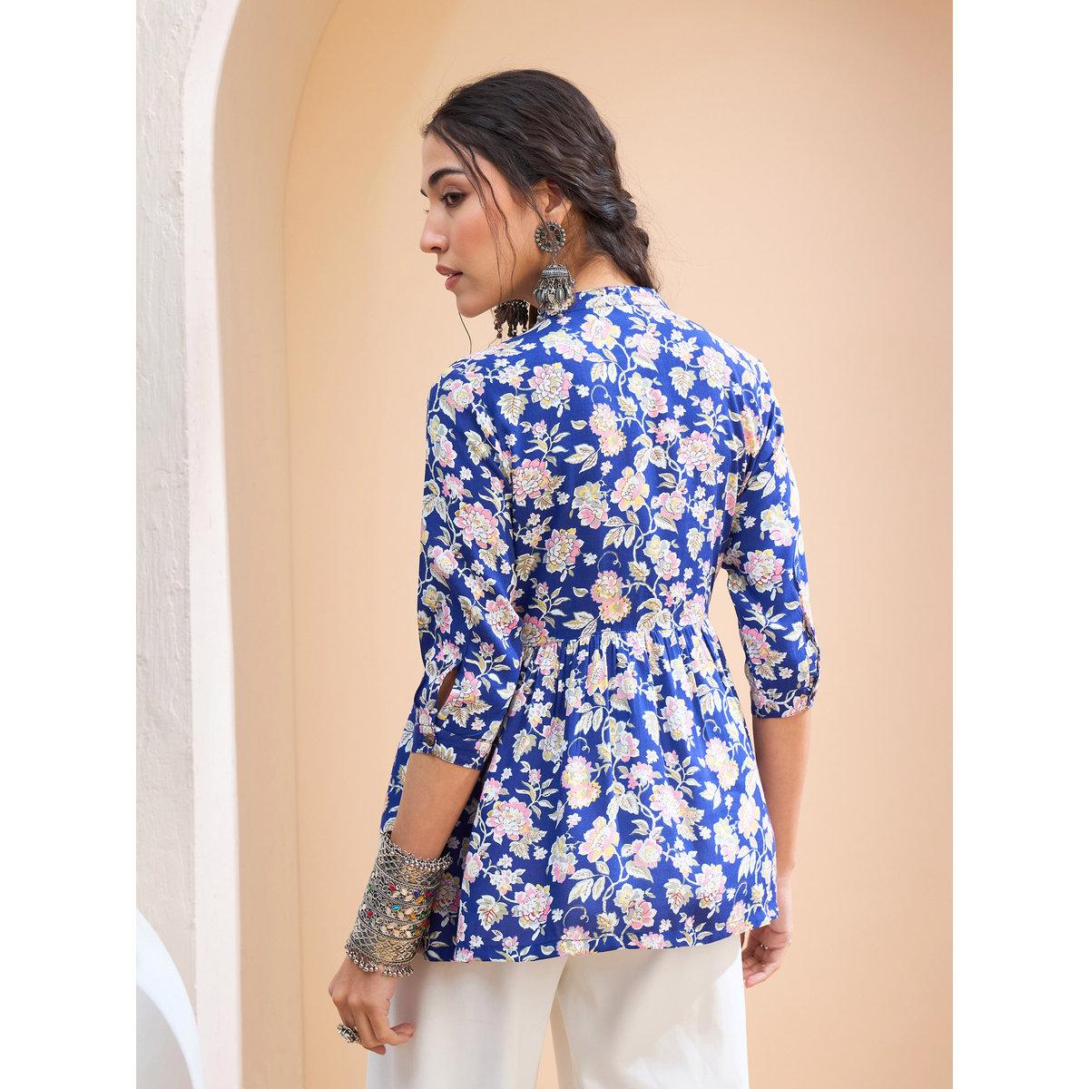 Sassafras Blue Floral Buttoned Gathered Kurti-women-clothing-ethnicwear-kurtas-image-5