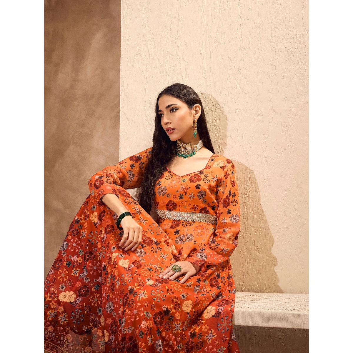 Sassafras Orange Floral Sweetheart Neck Anarkali Kurta-women-clothing-ethnicwear-kurtas-image-2