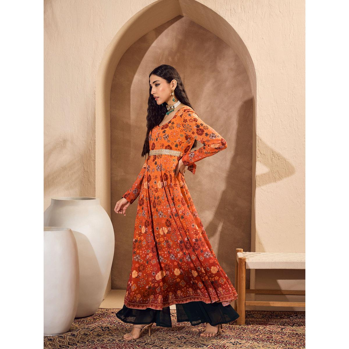 Sassafras Orange Floral Sweetheart Neck Anarkali Kurta-women-clothing-ethnicwear-kurtas-image-3