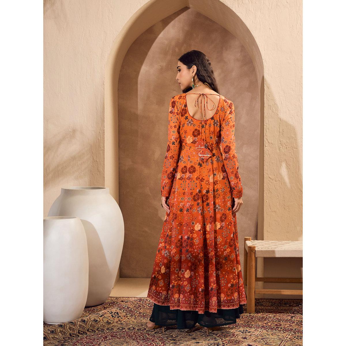 Sassafras Orange Floral Sweetheart Neck Anarkali Kurta-women-clothing-ethnicwear-kurtas-image-5