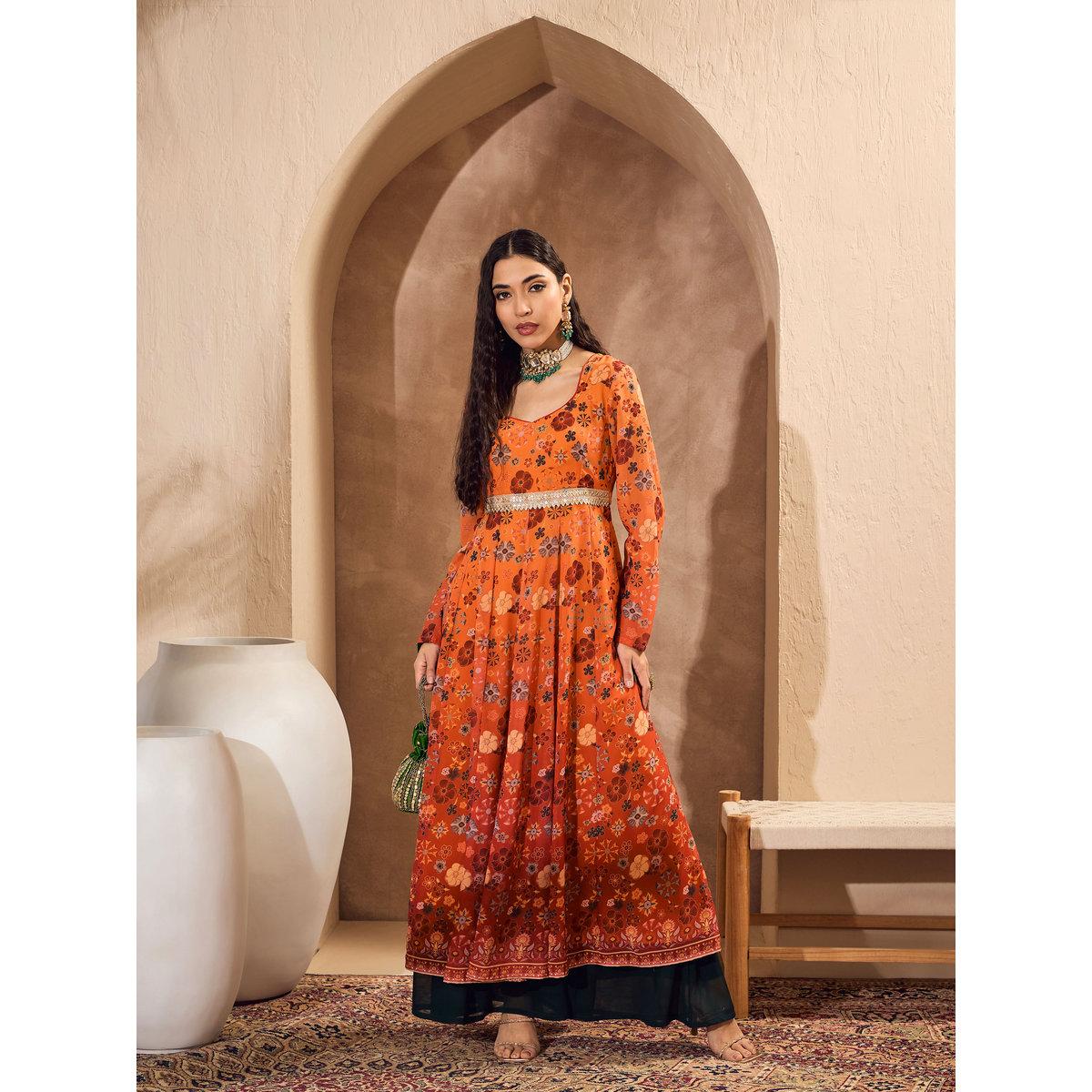 Sassafras Orange Floral Sweetheart Neck Anarkali Kurta-women-clothing-ethnicwear-kurtas-image-8