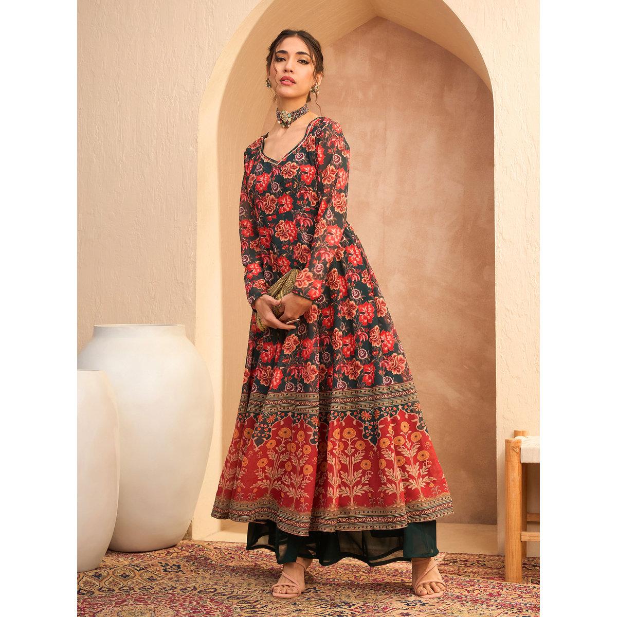 Sassafras Multi Floral Sweetheart Neck Anarkali Kurta-women-clothing-ethnicwear-kurtas-image-1
