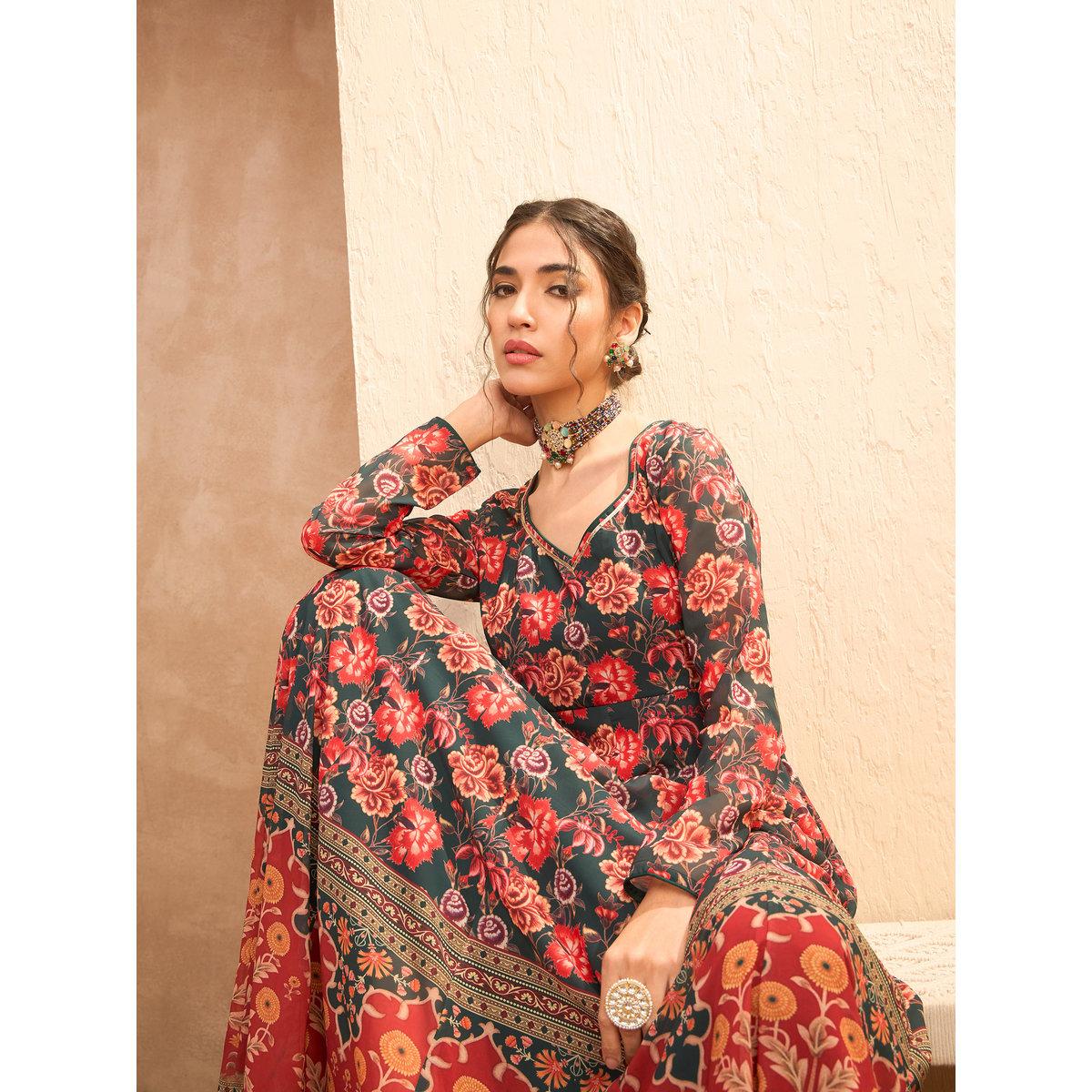 Sassafras Multi Floral Sweetheart Neck Anarkali Kurta-women-clothing-ethnicwear-kurtas-image-2