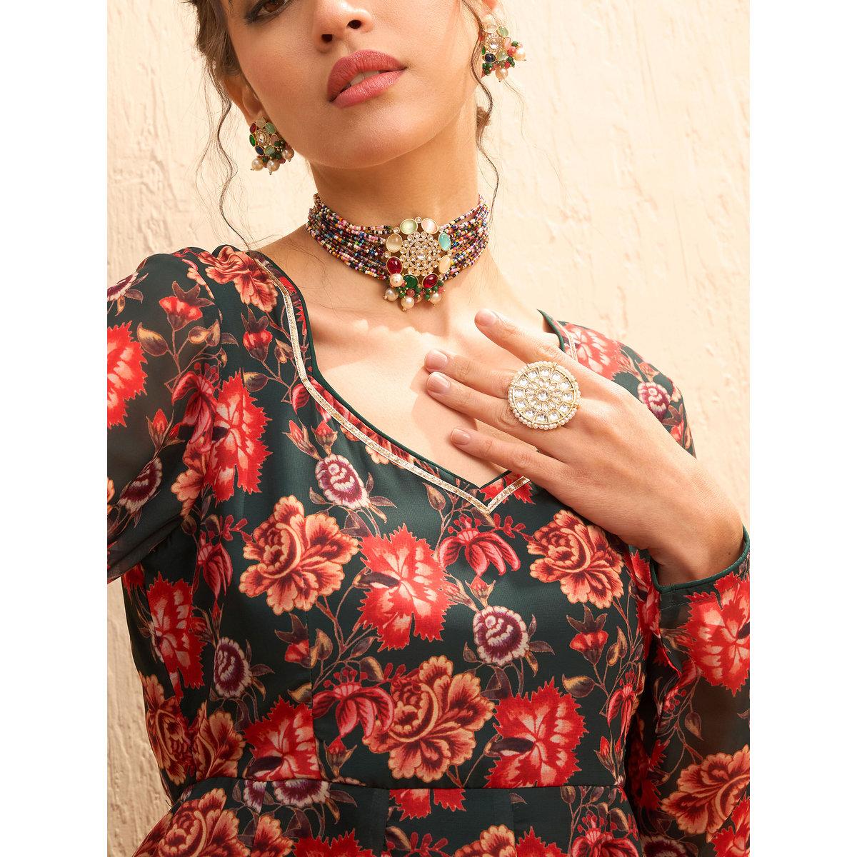 Sassafras Multi Floral Sweetheart Neck Anarkali Kurta-women-clothing-ethnicwear-kurtas-image-4