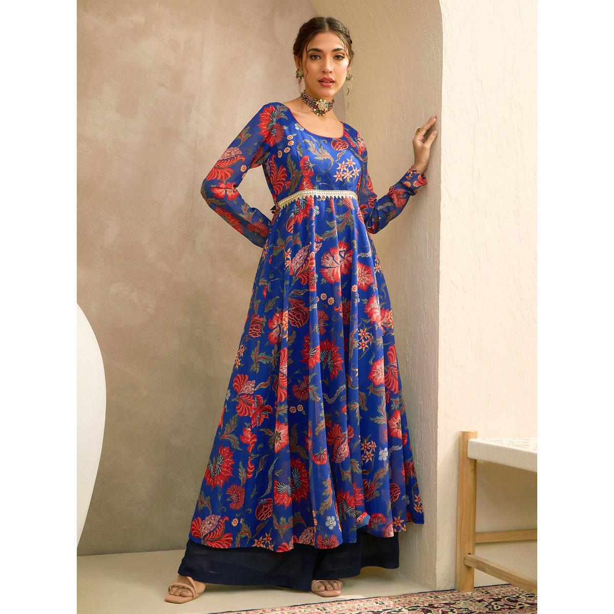 Sassafras Blue Floral Scoop Neck Anarkali Kurta-women-clothing-ethnicwear-kurtas-image-1