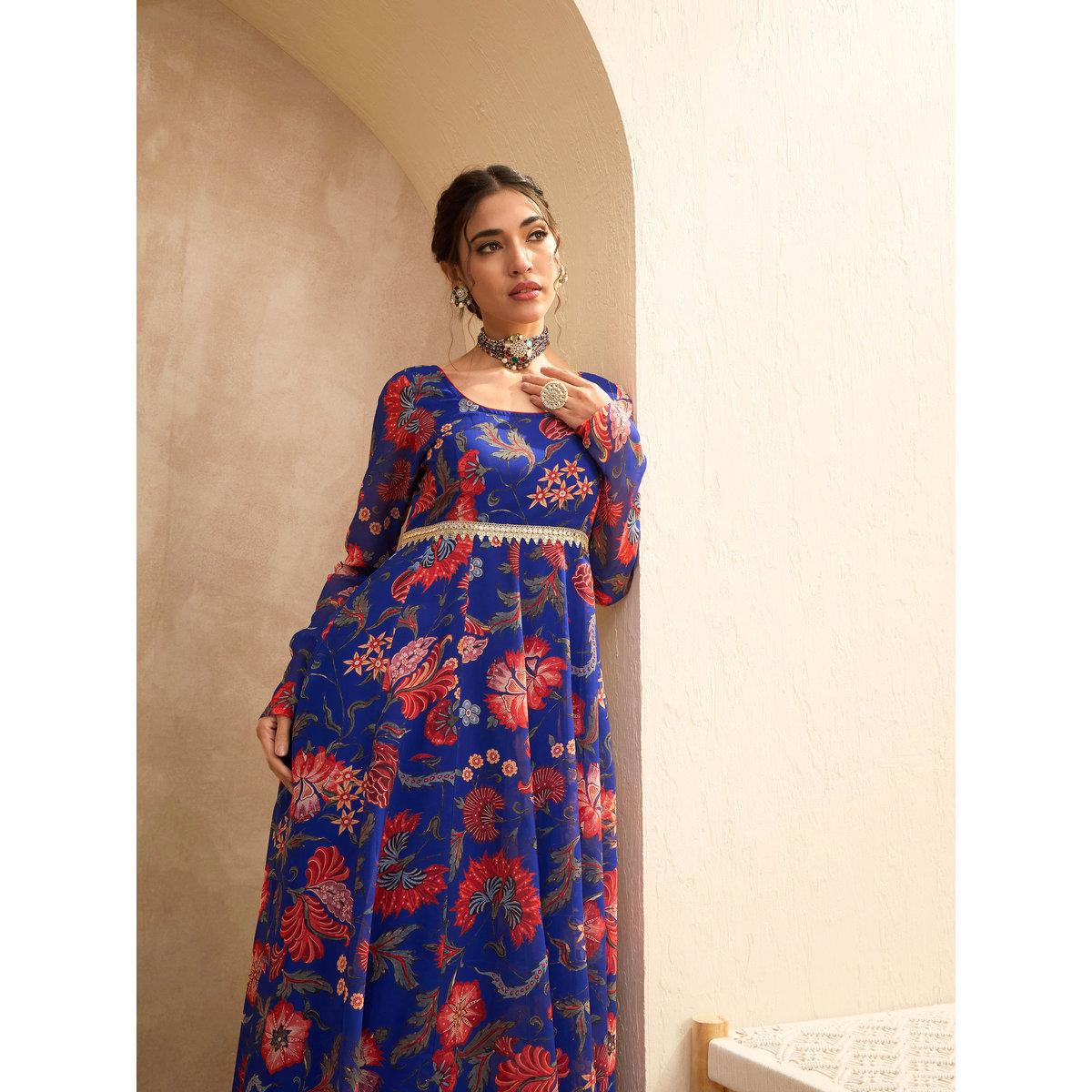 Sassafras Blue Floral Scoop Neck Anarkali Kurta-women-clothing-ethnicwear-kurtas-image-2