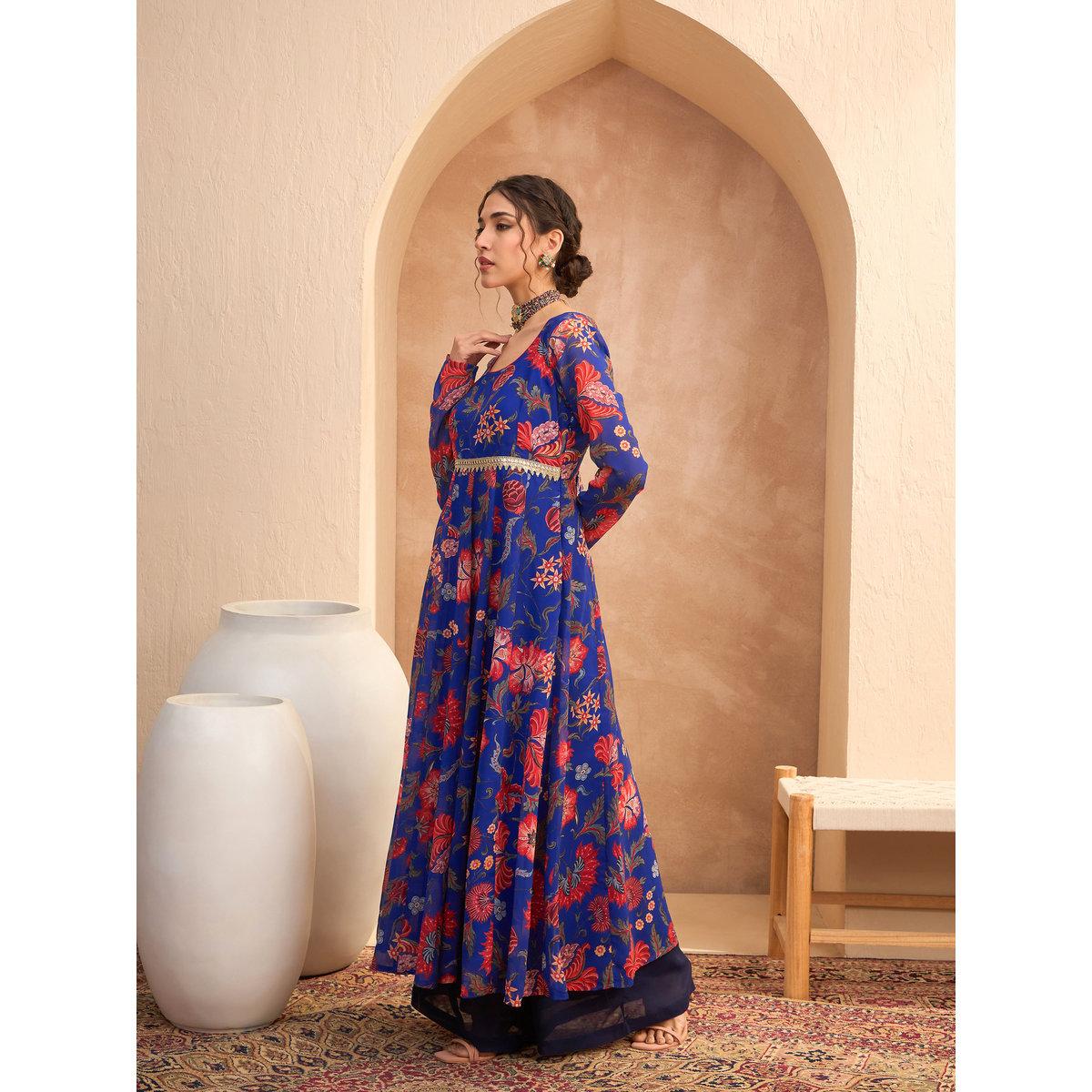 Sassafras Blue Floral Scoop Neck Anarkali Kurta-women-clothing-ethnicwear-kurtas-image-3