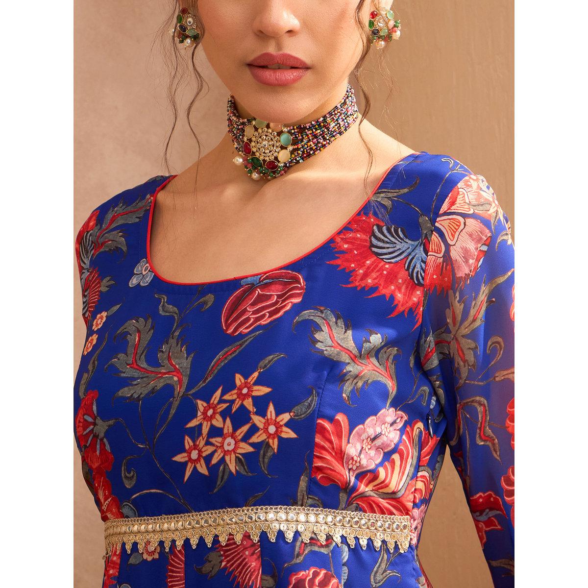 Sassafras Blue Floral Scoop Neck Anarkali Kurta-women-clothing-ethnicwear-kurtas-image-4