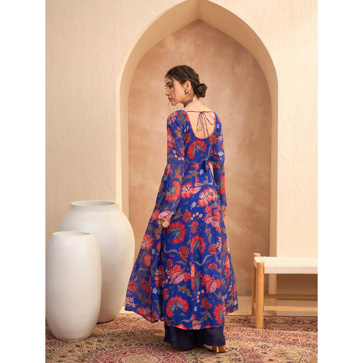 Sassafras Blue Floral Scoop Neck Anarkali Kurta-women-clothing-ethnicwear-kurtas-image-5