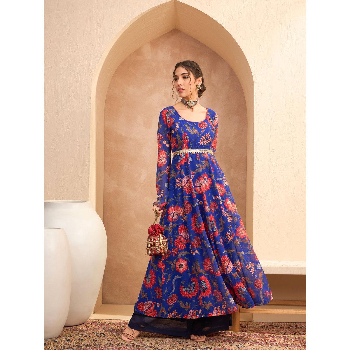 Sassafras Blue Floral Scoop Neck Anarkali Kurta-women-clothing-ethnicwear-kurtas-image-6