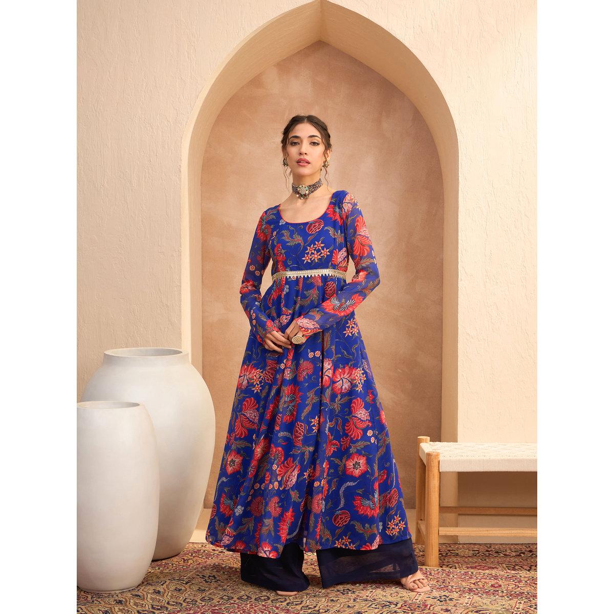 Sassafras Blue Floral Scoop Neck Anarkali Kurta-women-clothing-ethnicwear-kurtas-image-7