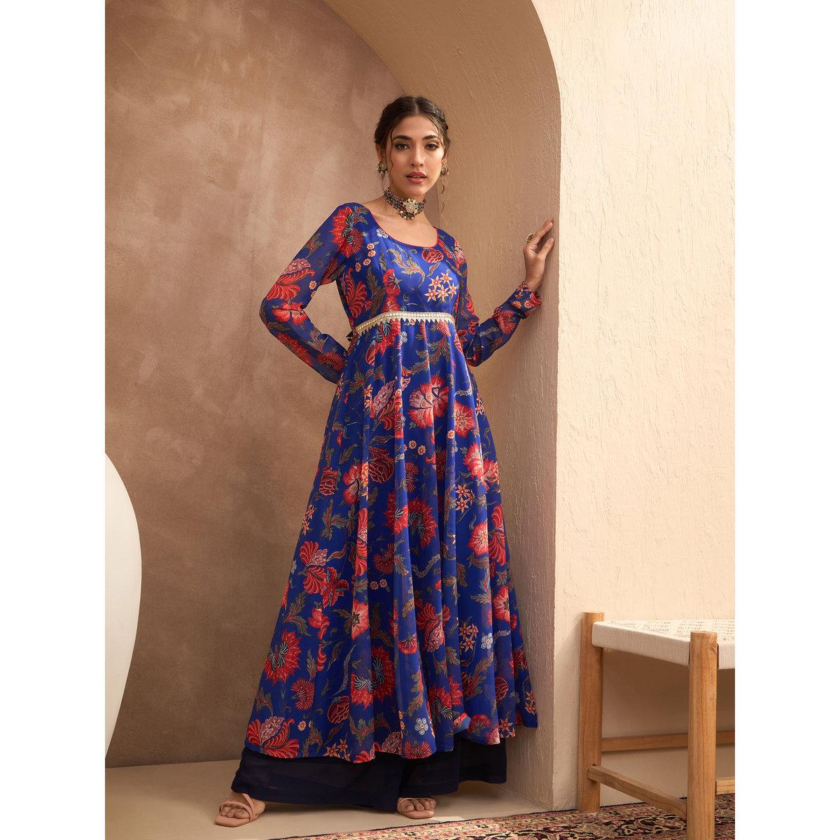Sassafras Blue Floral Scoop Neck Anarkali Kurta-women-clothing-ethnicwear-kurtas-image-8