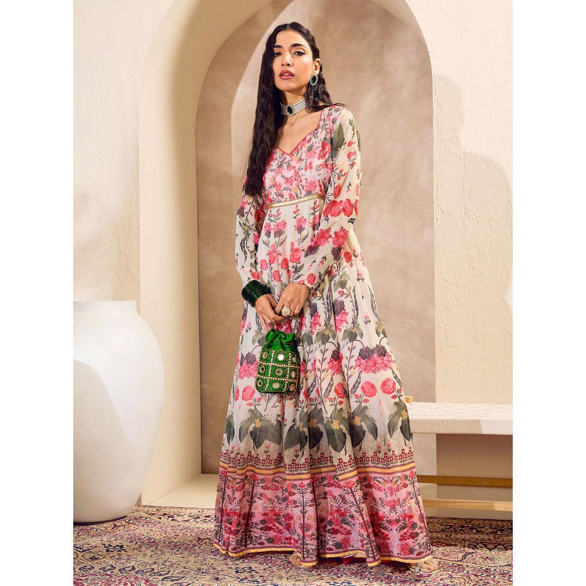 Sassafras Off White Floral Sweetheart Neck Anarkali Kurta-women-clothing-ethnicwear-kurtas-image-1