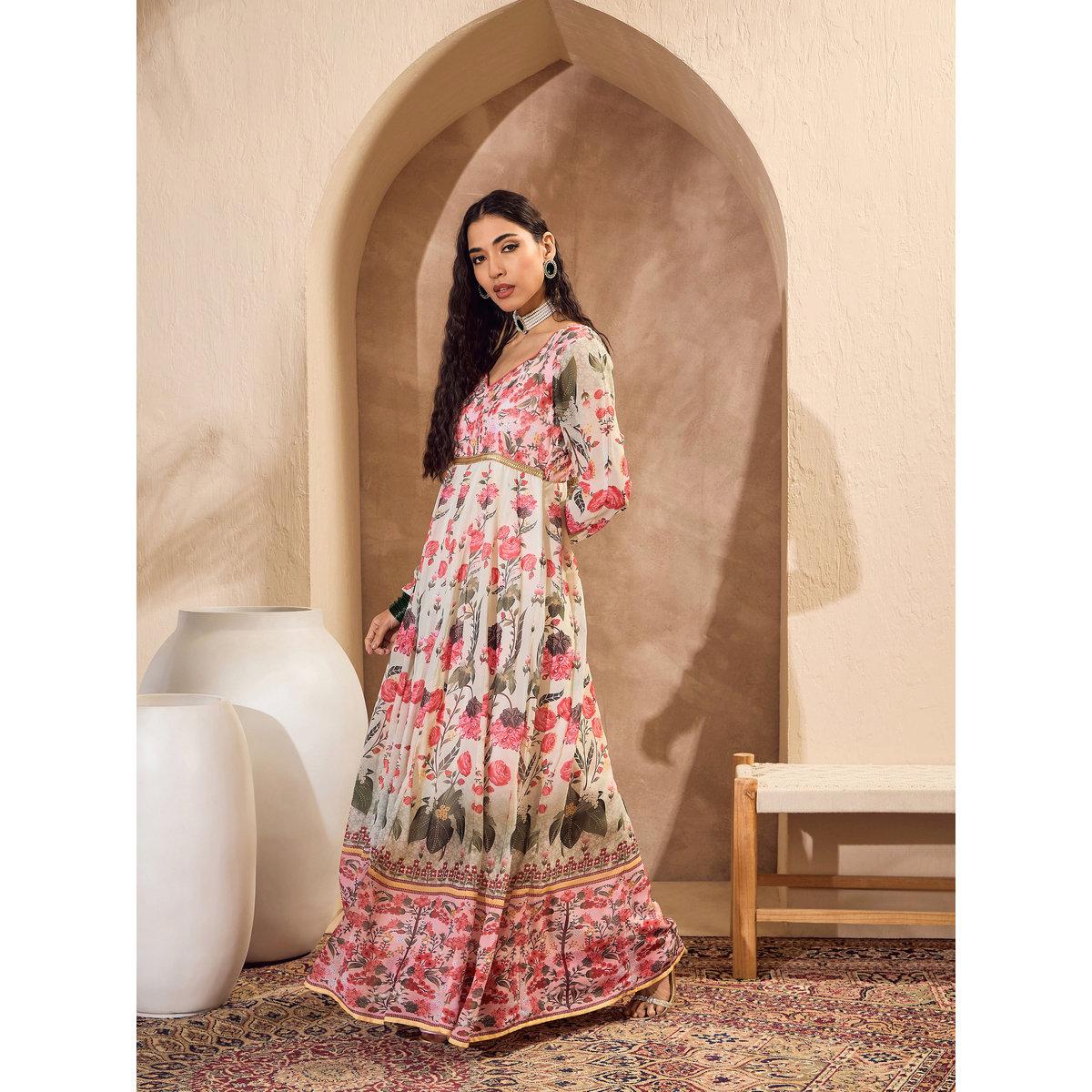 Sassafras Off White Floral Sweetheart Neck Anarkali Kurta-women-clothing-ethnicwear-kurtas-image-3