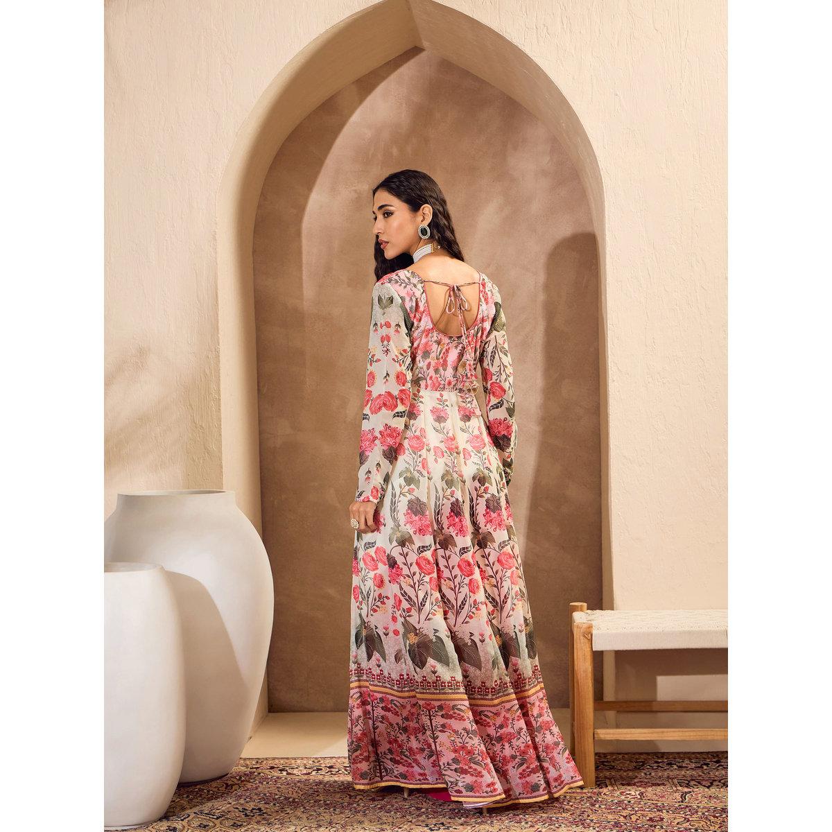 Sassafras Off White Floral Sweetheart Neck Anarkali Kurta-women-clothing-ethnicwear-kurtas-image-5