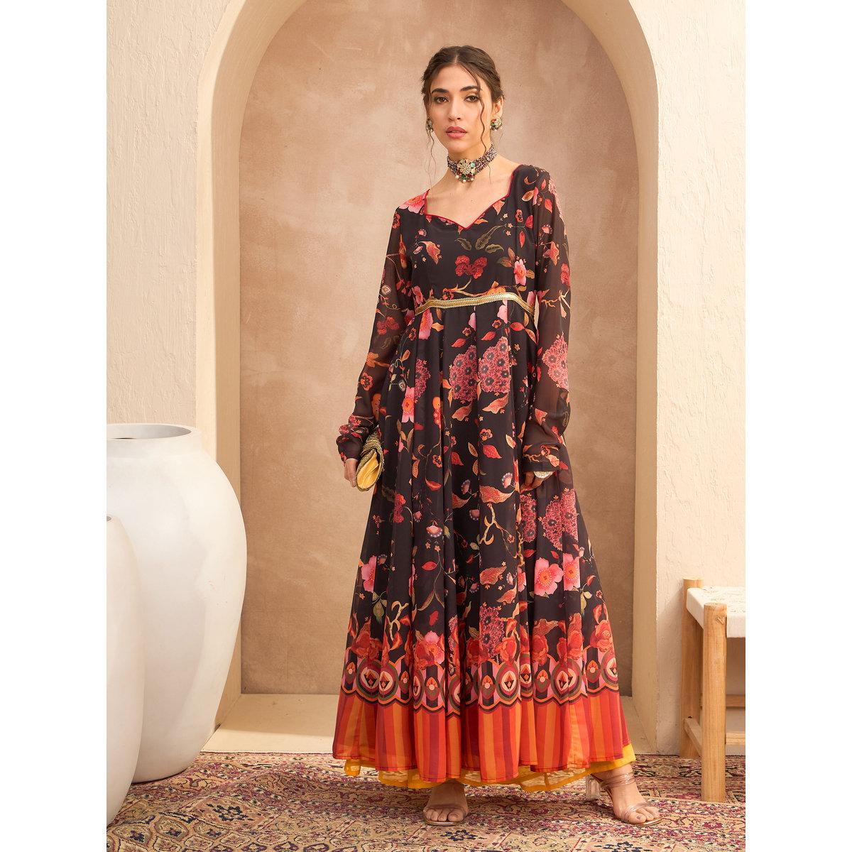 Sassafras Black Floral Georgette Anarkali Kurta-women-clothing-ethnicwear-kurtas-image-1