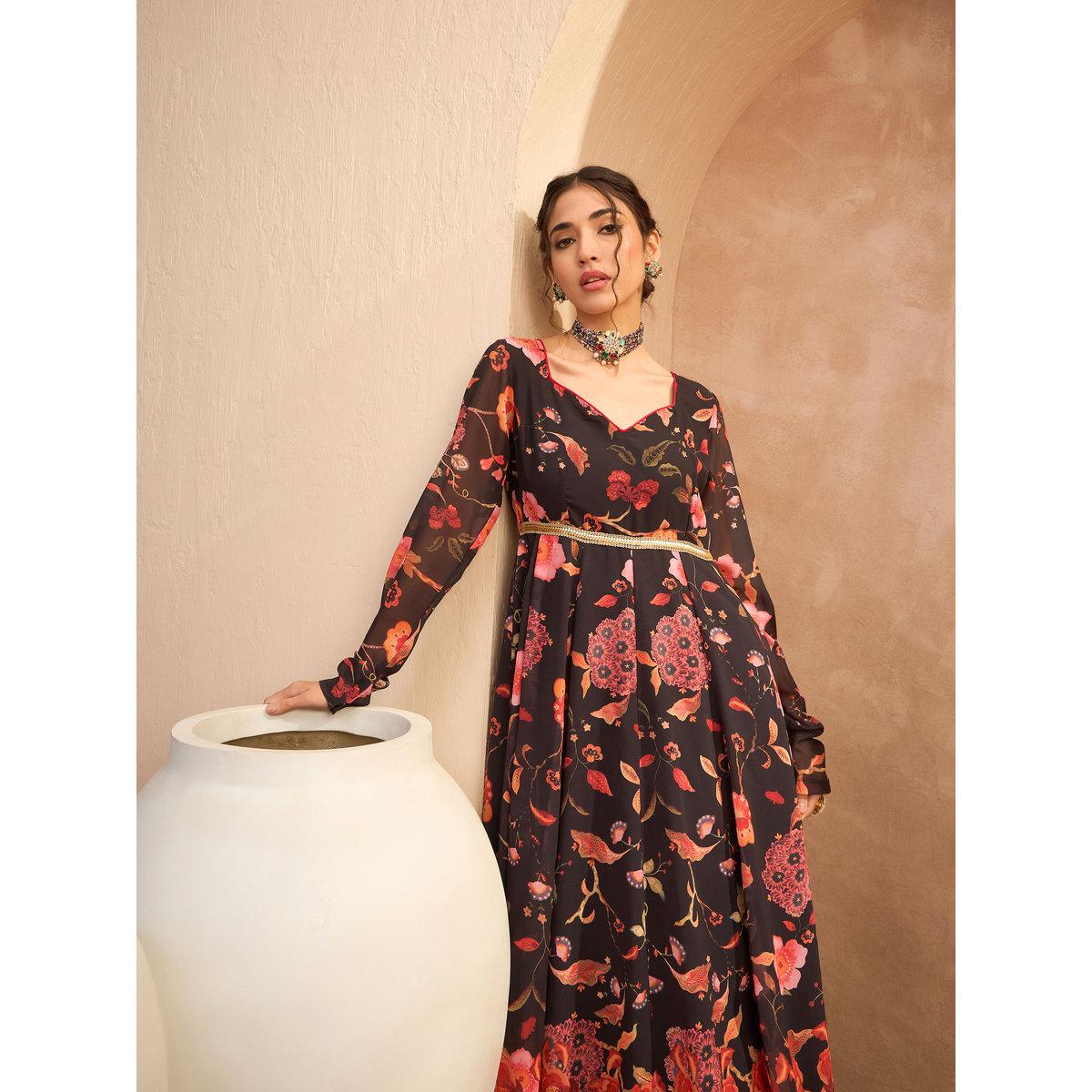 Sassafras Black Floral Georgette Anarkali Kurta-women-clothing-ethnicwear-kurtas-image-2