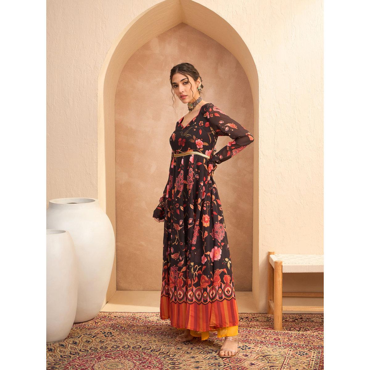 Sassafras Black Floral Georgette Anarkali Kurta-women-clothing-ethnicwear-kurtas-image-3