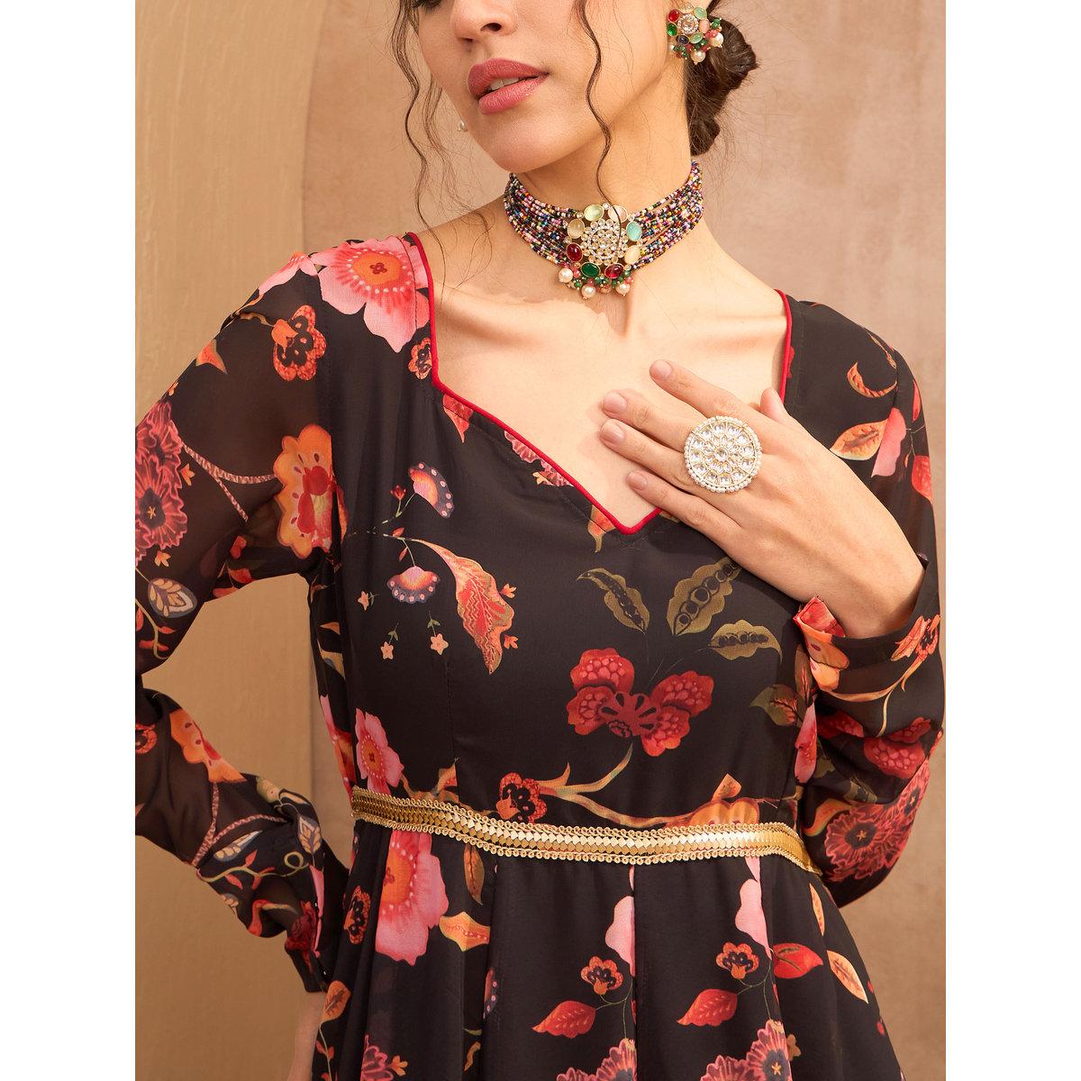 Sassafras Black Floral Georgette Anarkali Kurta-women-clothing-ethnicwear-kurtas-image-4