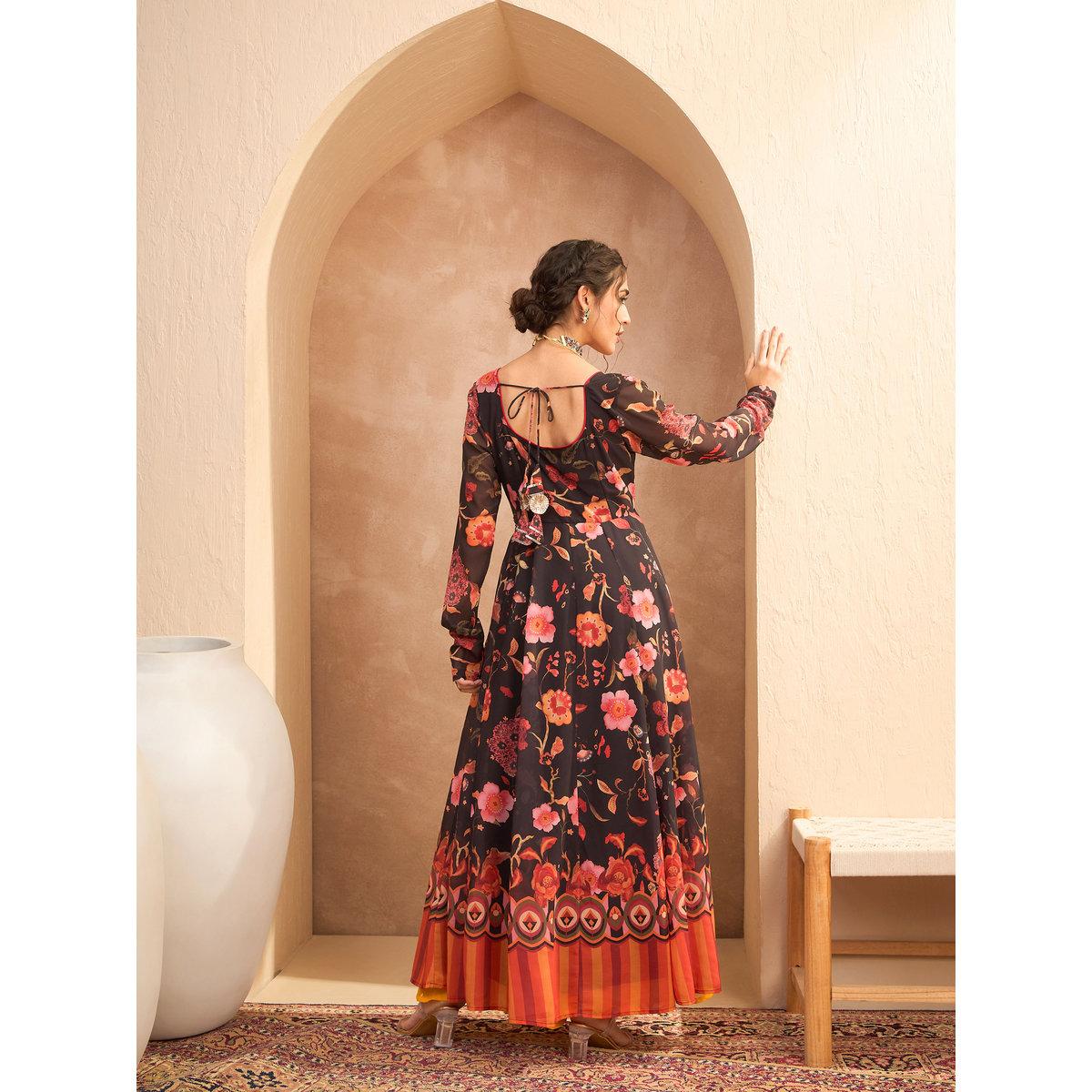 Sassafras Black Floral Georgette Anarkali Kurta-women-clothing-ethnicwear-kurtas-image-5