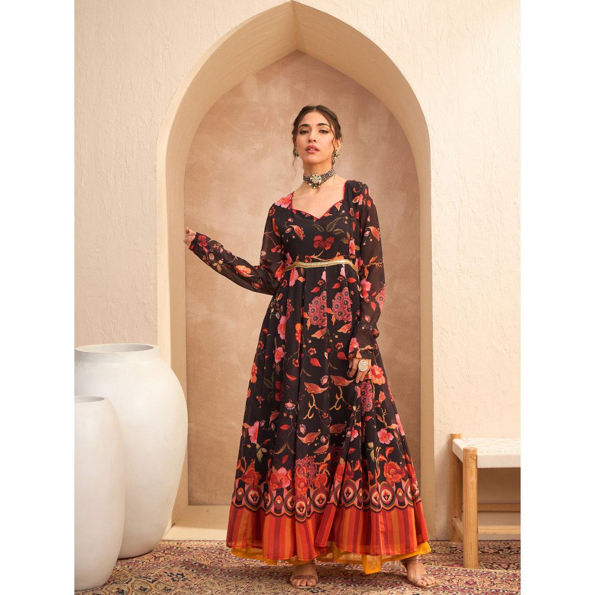 Sassafras Black Floral Georgette Anarkali Kurta-women-clothing-ethnicwear-kurtas-image-6