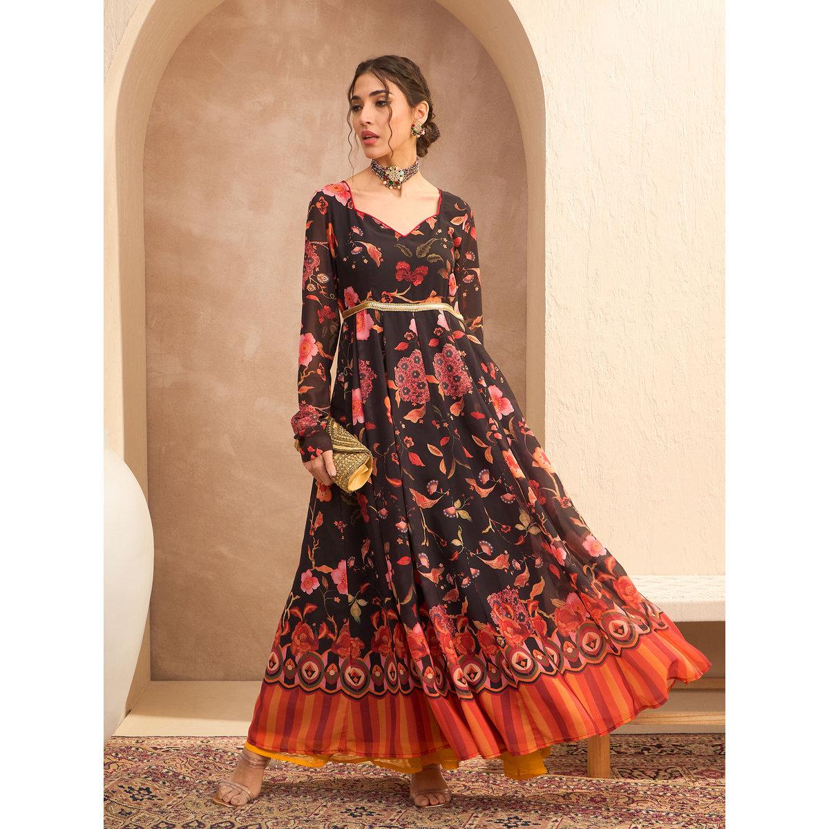 Sassafras Black Floral Georgette Anarkali Kurta-women-clothing-ethnicwear-kurtas-image-7