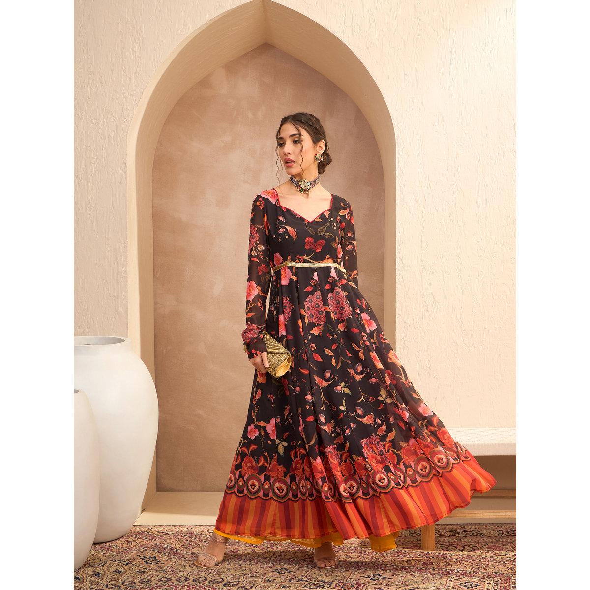 Sassafras Black Floral Georgette Anarkali Kurta-women-clothing-ethnicwear-kurtas-image-8