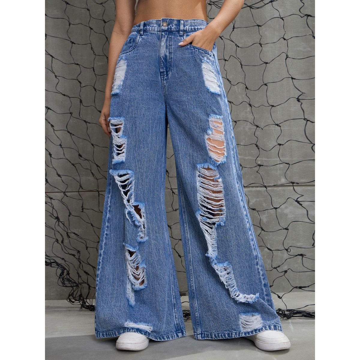 بنطال جينز بخصر عالي وتفاصيل مشطوفة-women-clothing-bottoms-jeans-image-1