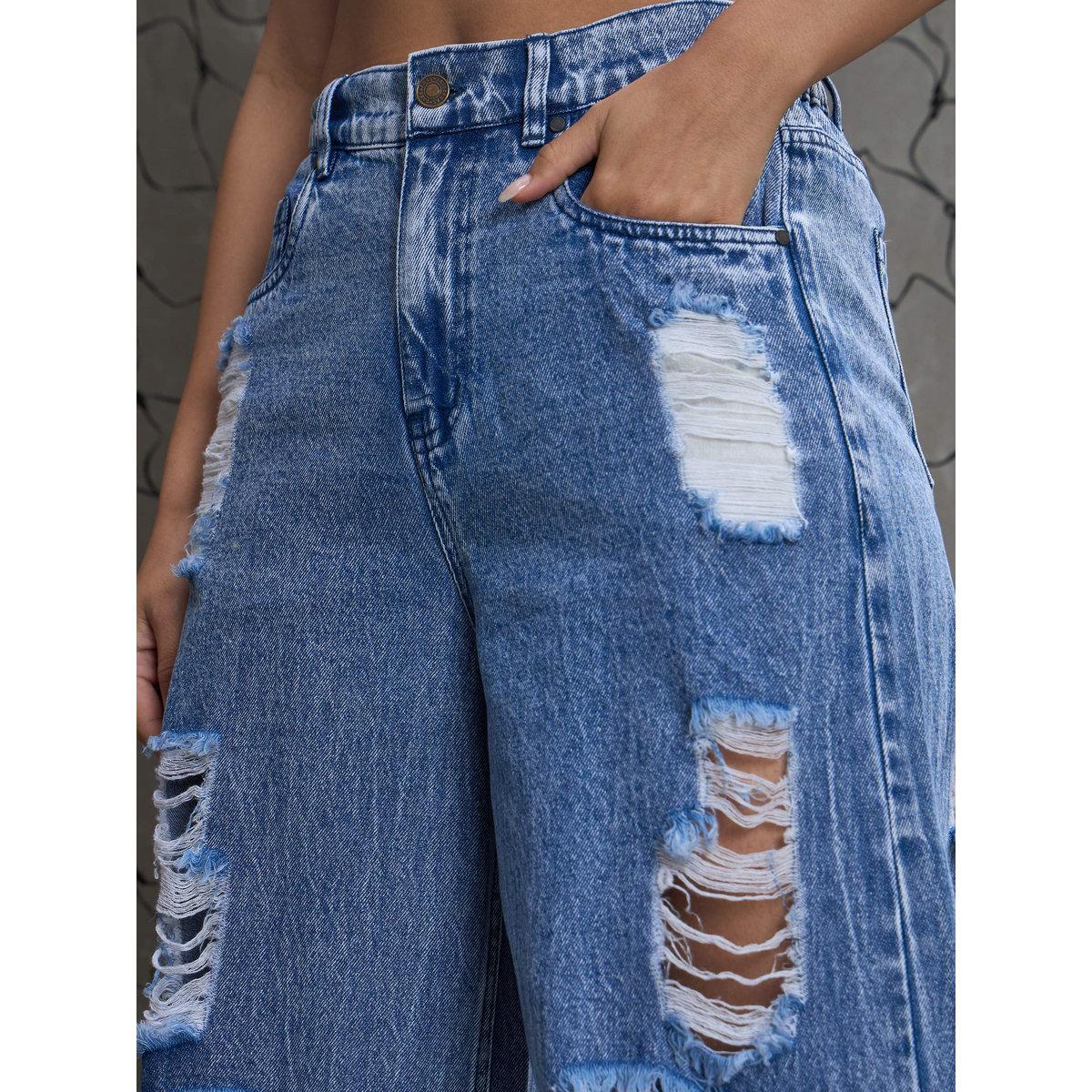 بنطال جينز بخصر عالي وتفاصيل مشطوفة-women-clothing-bottoms-jeans-image-4
