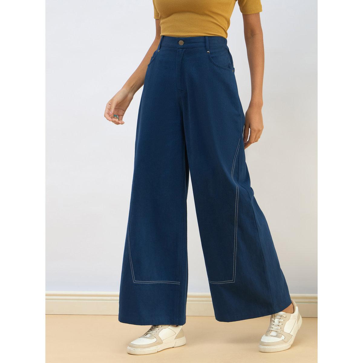 Sassafras Women Blue Twill Mid Rise Flared Pants-women-clothing-bottoms-trousers-image-3