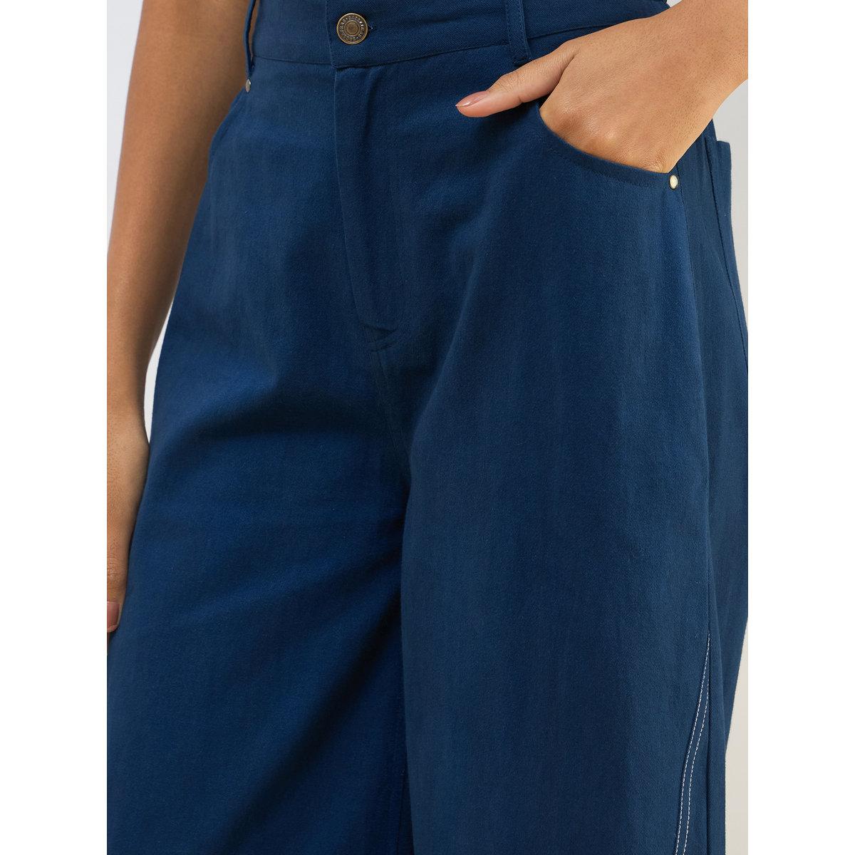Sassafras Women Blue Twill Mid Rise Flared Pants-women-clothing-bottoms-trousers-image-4