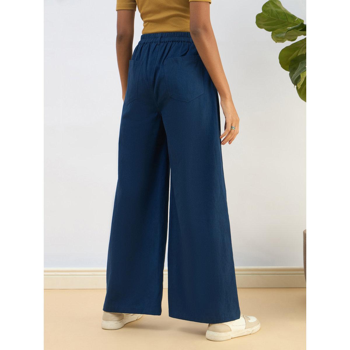 Sassafras Women Blue Twill Mid Rise Flared Pants-women-clothing-bottoms-trousers-image-5