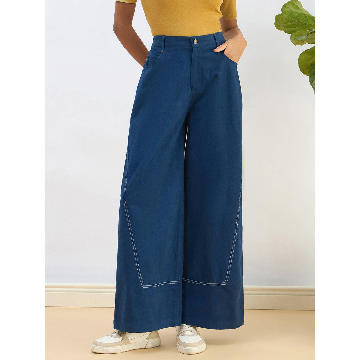 Sassafras Women Blue Twill Mid Rise Flared Pants-women-clothing-bottoms-trousers-image-6