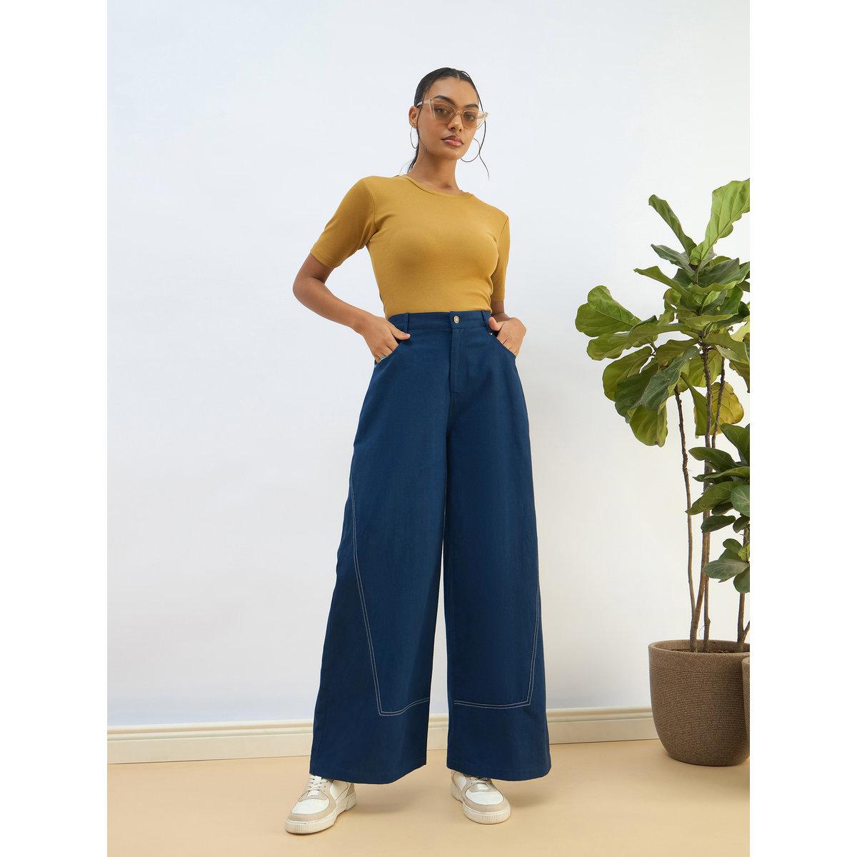 Sassafras Women Blue Twill Mid Rise Flared Pants-women-clothing-bottoms-trousers-image-7