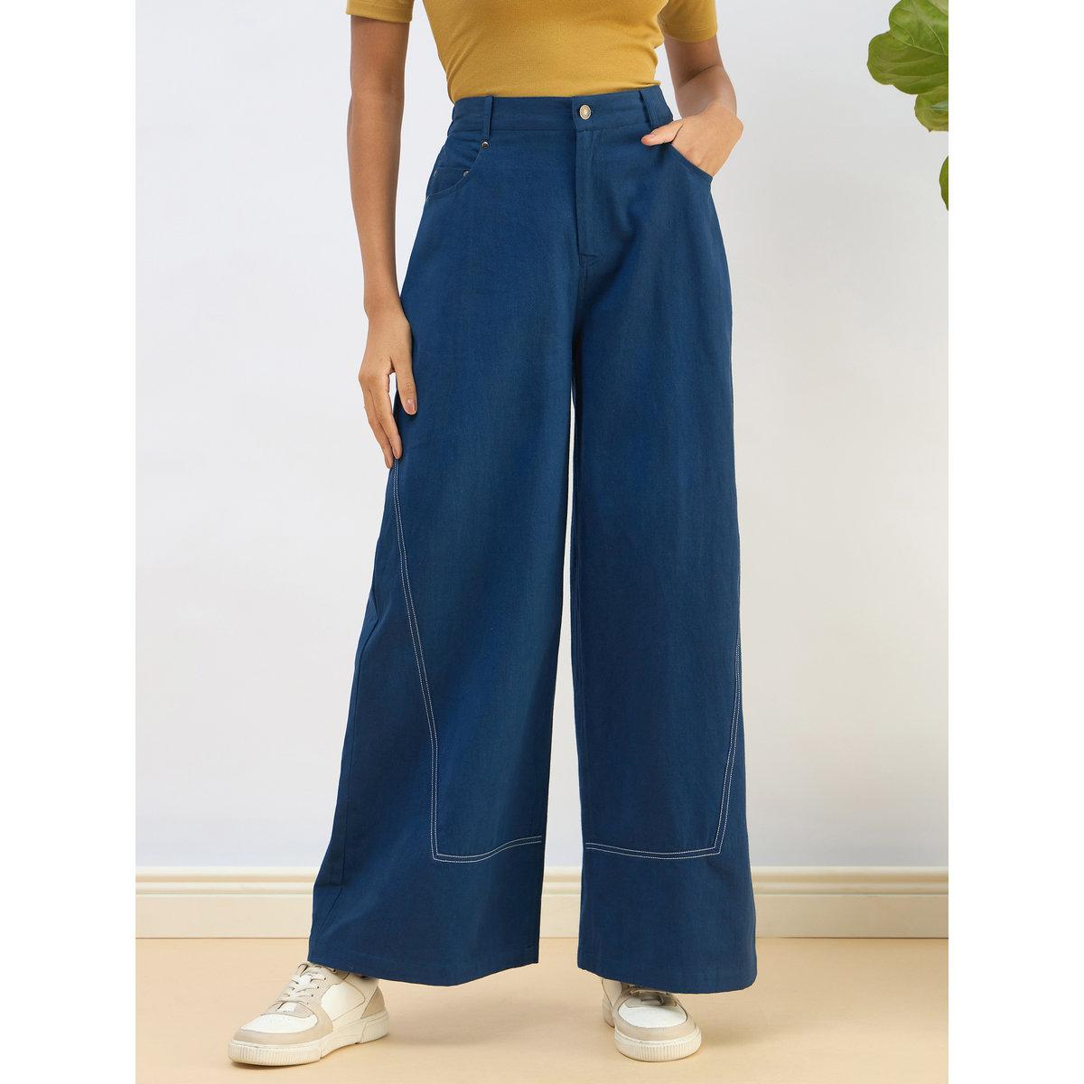 Sassafras Women Blue Twill Mid Rise Flared Pants-women-clothing-bottoms-trousers-image-8
