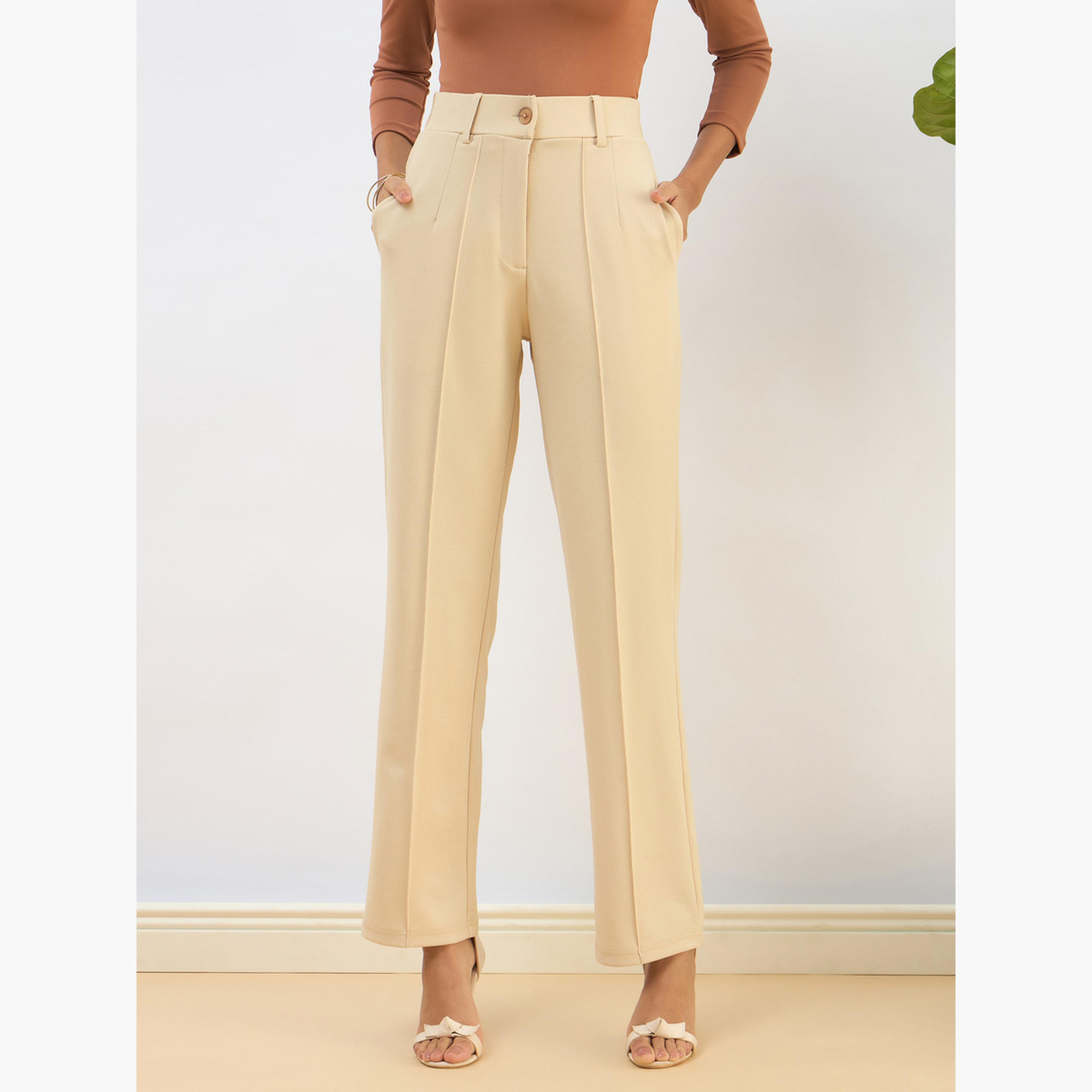 ساسافراس - بنطال بيج بقصة مستقيمة من الأمام-women-clothing-bottoms-trousers-image-1
