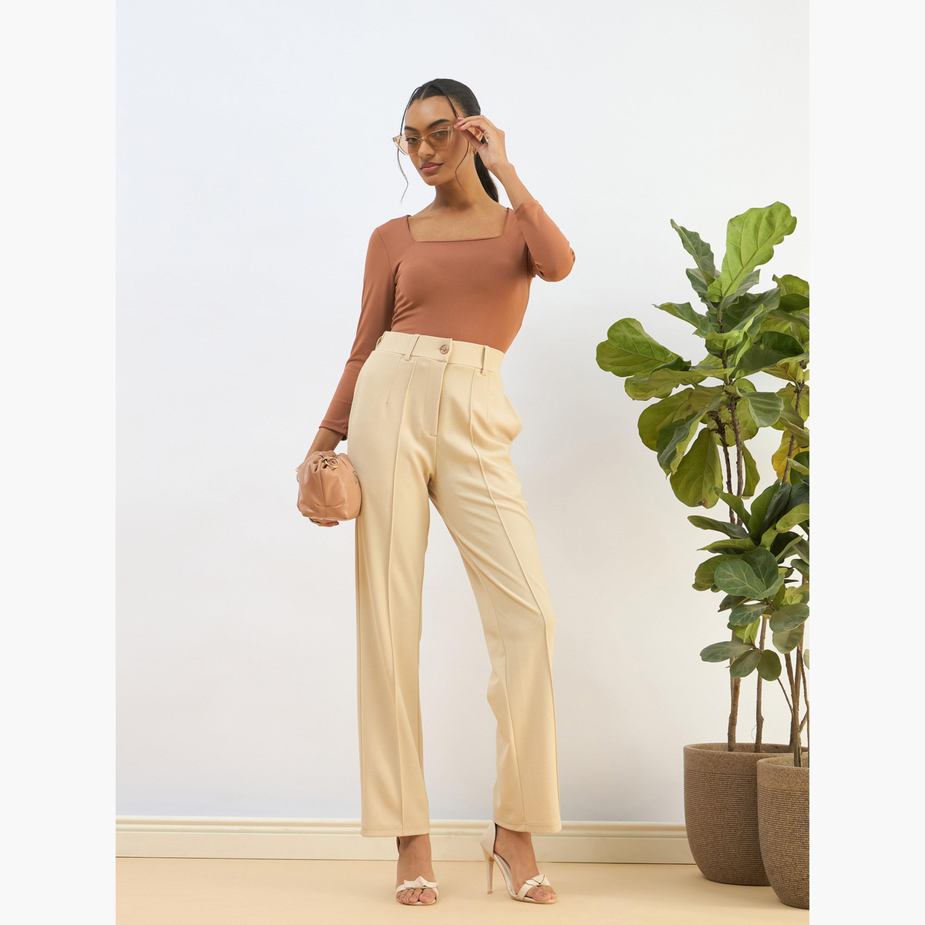 ساسافراس - بنطال بيج بقصة مستقيمة من الأمام-women-clothing-bottoms-trousers-image-2