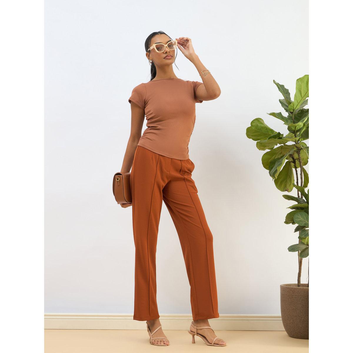Sassafras Women Rust Front Dart Straight Pants-women-clothing-bottoms-trousers-image-2