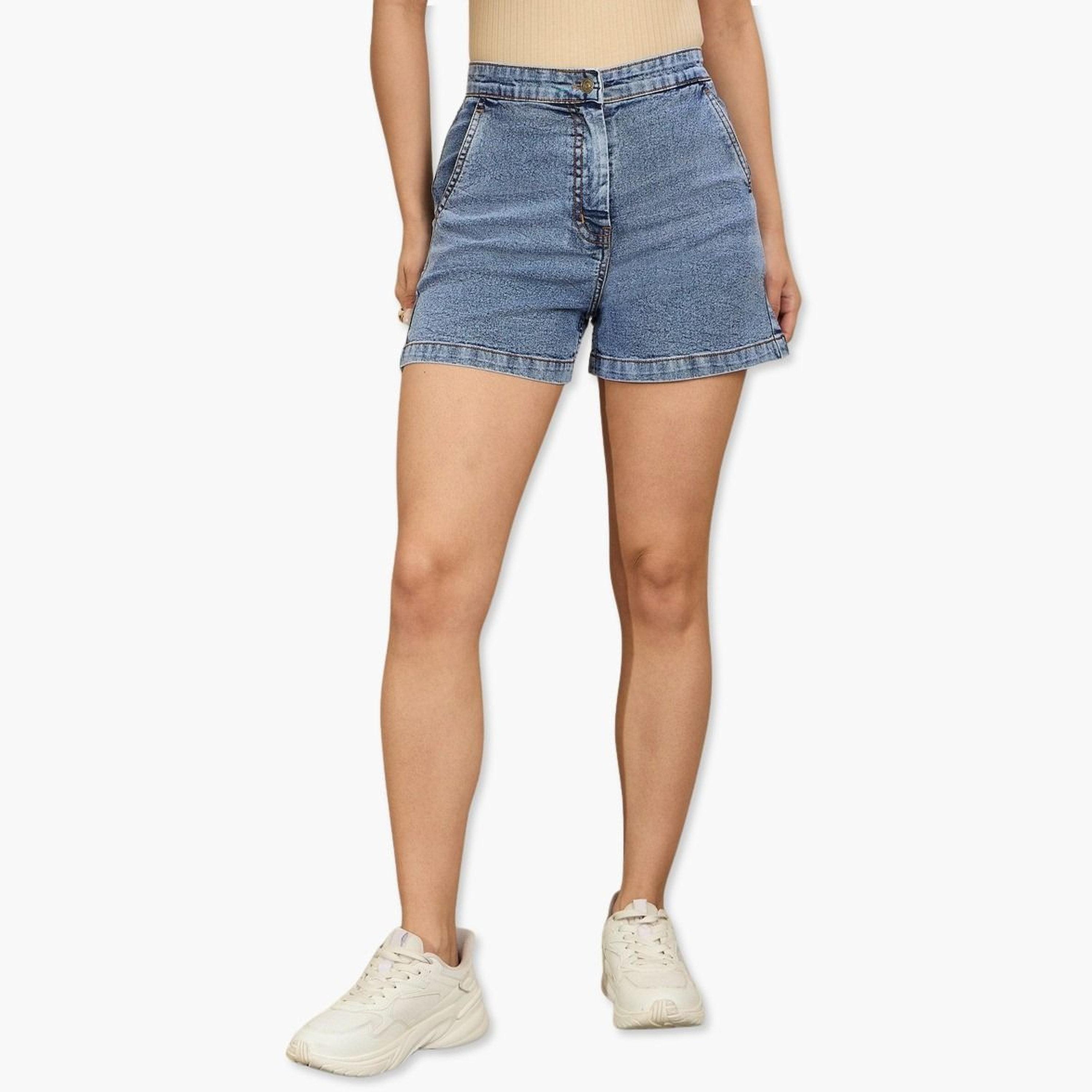 ساسافراس - شورت أزرق عالي الخصر بجيوب متقاطعة-women-clothing-bottoms-shorts-image-1